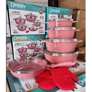 Dessini 12 Pcs Granite Coated Quality Non Stick Ceramic Sufuria.Durable non-stick coating with speckled granite effect Glass vented lids