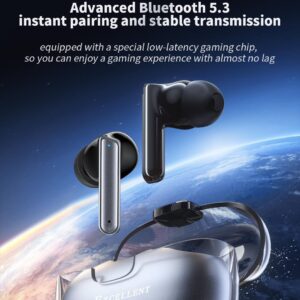 Wireless earbuds with sleek design and Bluetooth 5.3 technology, offering instant pairing and reliable connection.